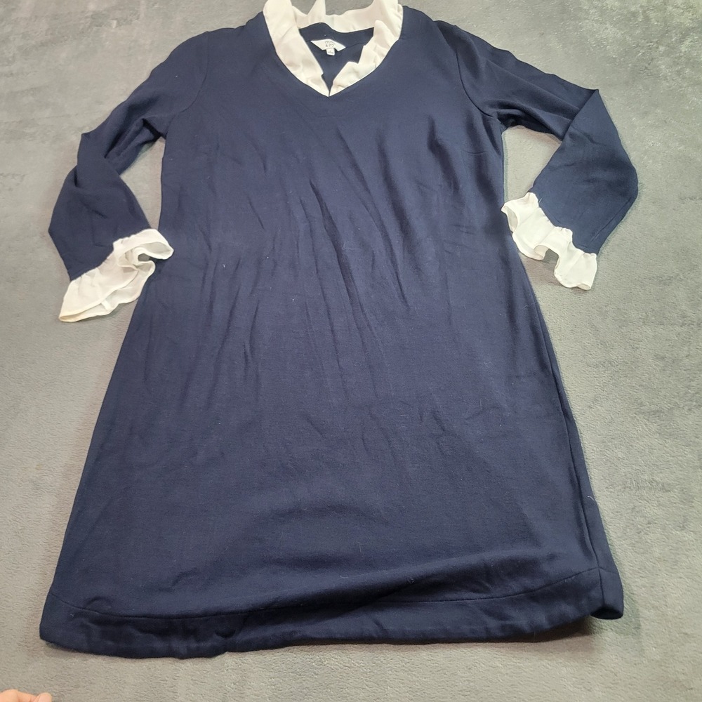 Crown & Ivy Dress Womens‎ Small Navy Blue Ruffle Collar Long Sleeve Preppy Shift